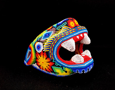 Jaguar head, huichol art