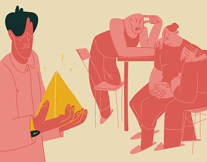 Illustrations for an article about a financial pyramid