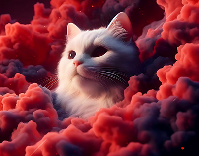 Cat in red cloud space