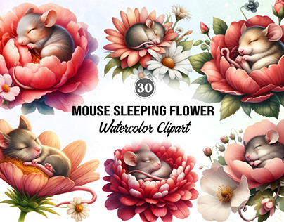 Mouse sleeping Flower Watercolor Clipart