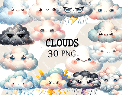 Funny Whimsical Quirky Clouds Clipart Bundle