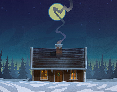 Vector illustration of a hut in snowy landscape.
