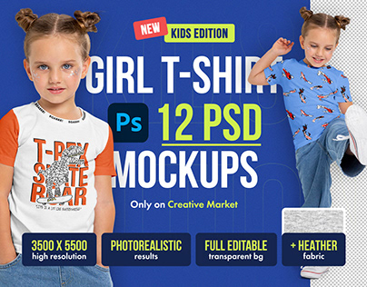 Realistic Kids Girl T-Shirt PSD Mockups