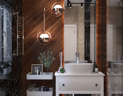 Bathroom with marble and wood panels