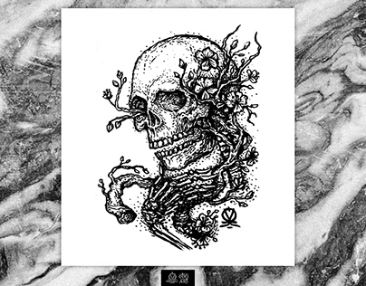 Ink Skull and blossoms illustration