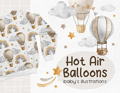 Hot air balloons. Watercolor baby's illustrations