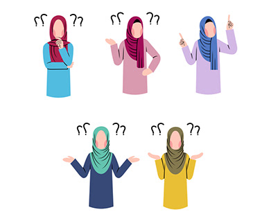 Set of Hijab Woman Character Thinking Pose