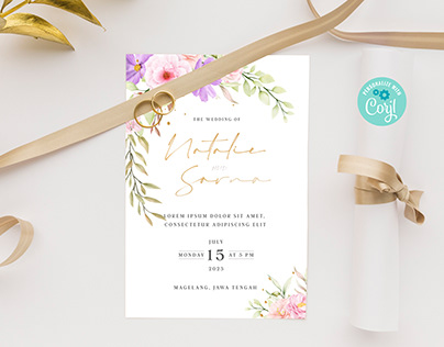 Wedding Invitation Template with Watercolor Flowers
