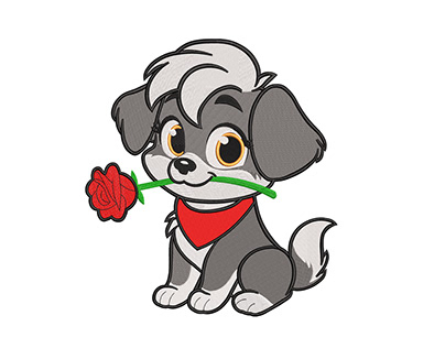 Cute dog with rose embroidery design for machine