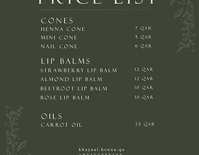 Price List charts for Khayal Henna