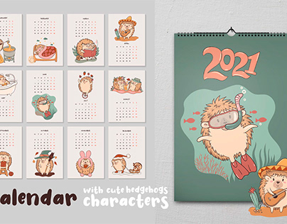 Calendar for 2021 with cute hedgehogs characters.