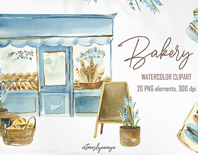 Watercolor Bakery clipart. Pastry png collection.