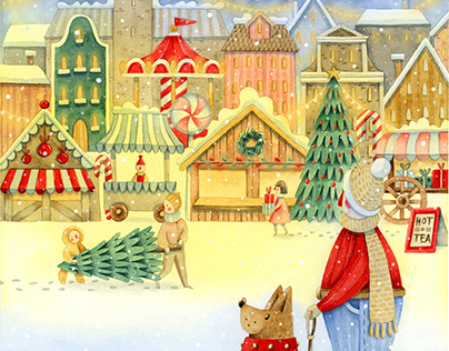 Watercolor illustration "Magic Christmas town"