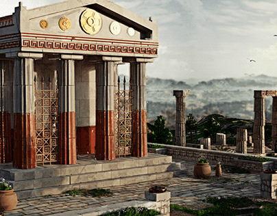 Ancient greek style temple and ruins scene