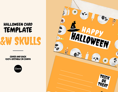 Halloween GREETING CARD B&W Skulls CANVA TEMPLATE