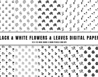 Black & White Flowers & Leaves Digital Papers