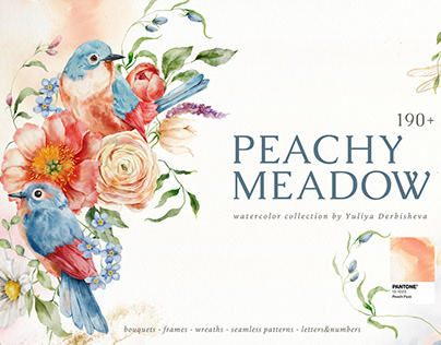 Peachy meadow floral watercolor wildflowers and birds