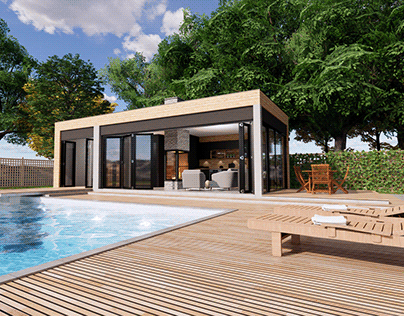 modern pool house with fireplace