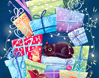 Christmas illustration and pattern with gifts and a cat