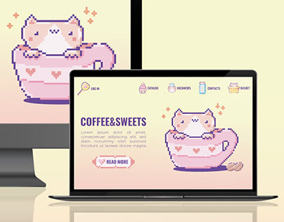 Kawaii landing page for COFFEE&SWEETS shop pixel art