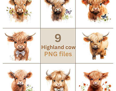 Watercolor Highland Cow Clipart Bundle