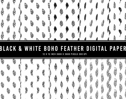 Black & White Boho Feather Digital Papers