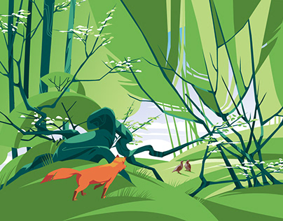 A fox hunts in the spring forest. Vector illustration.