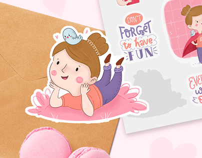 Stickers- cute girl and lettering. Character design
