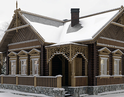 3D визуализация деревянного дома в русском стиле