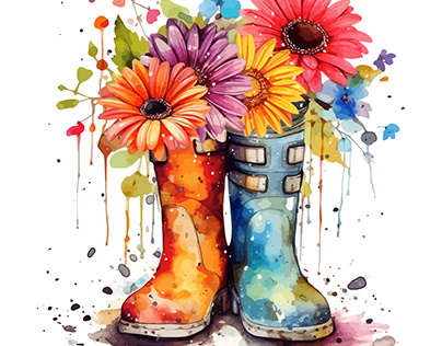 Flower Rain Boots Watercolor Clipart