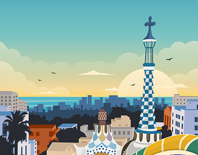 Barcelona Park Guell Retro Travel Poster Illustration