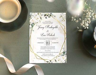 Wedding Invitation with white roses and greenery