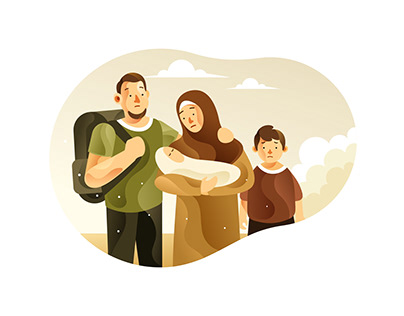 The Refugee Family with Children Illustration