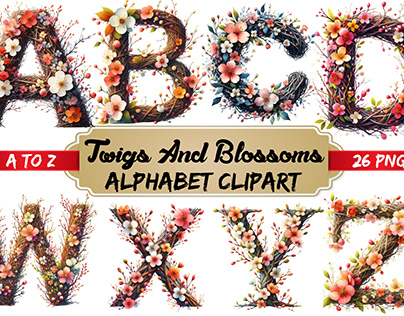 Watercolor Twigs and Blossoms Alphabet Clipart