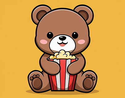 Kawaii Bear Eats a Popcorn Illustration