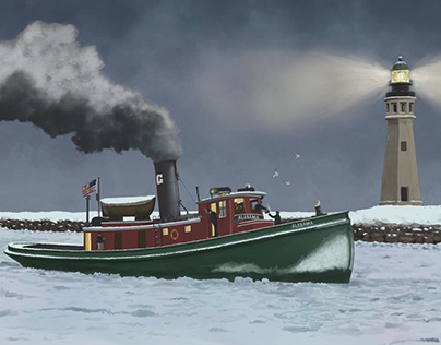 Buffalo 1920s Steam Tugboat Passing Buffalo Lighthouse