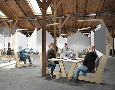 Coworking space interior with individual workstations