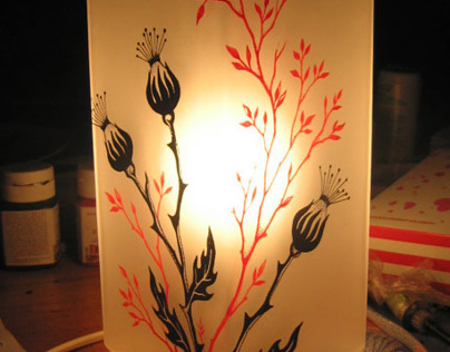 Lamp with hand painted thistle flowers.