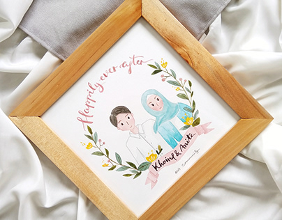 Wedding Illustration on Wooden Frame
