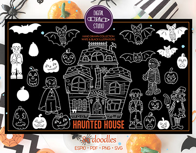 Halloween White Doodles, Haunted House, Monsters