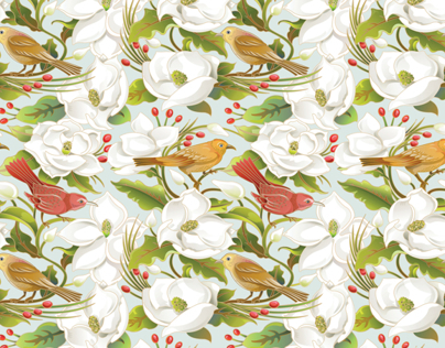 Magnolia/Birds seamless pattern