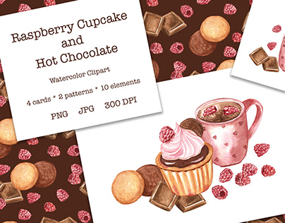 Raspberry Cupcake and Hot Chocolate Watercolor