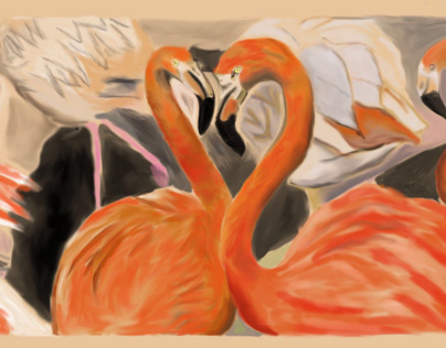 Loosely painted flamingos,couple in love