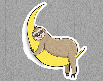 cute sloth sleeping on moon sticker illustration