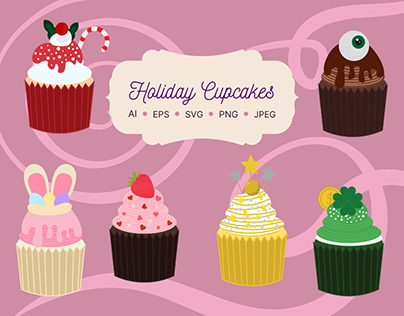 Holiday Cupcakes - 6 Vector Illustrations