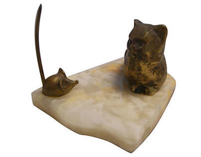 Brass Cat and Mouse on Marble Slab