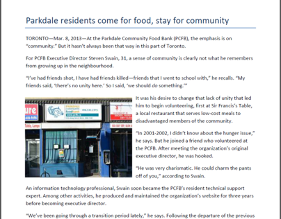 Feature Article - Parkdale Community Food Bank