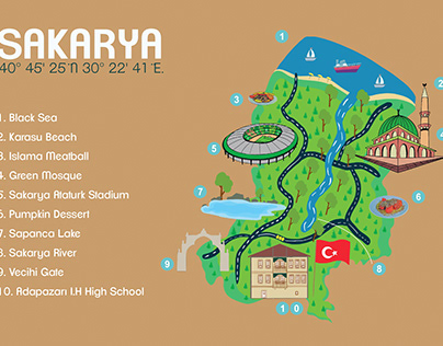 Illustration map of Sakarya City, Turkiye
