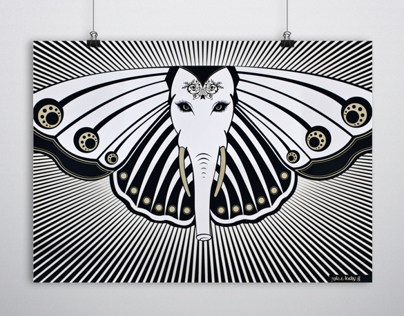 ELEPHANT BUTTERFLY SCREEN PRINT POSTER