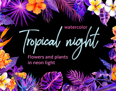 Tropical night. Watercolor exotic flowers in neon light